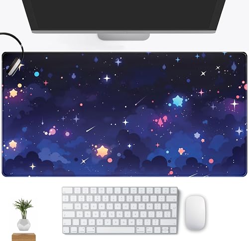 Blue Stars Desk Mat Cute Cloud Desk Pad, Aesthetic Starry Sky Mouse Mat Gaming Mousepad XXL, Extra Large Deskktop Mats for Keyboard and Mouse, Computer Laptop Mat Kawaii Desk Decor 31.5"x15.75" - color: Romantic Starry Sky