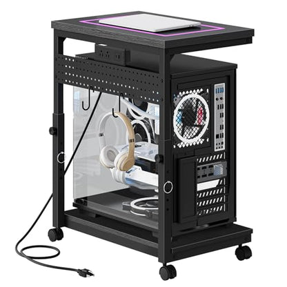 CHOEZON 31.5" Large Computer Tower Stand with Power Outlet, Under-Desk PC Cart with 2 Hooks, PC Stand with LED, Height Adjustable PC Tower Holder on Wheels, for Living Room, Office, Black TCJ51UDBB