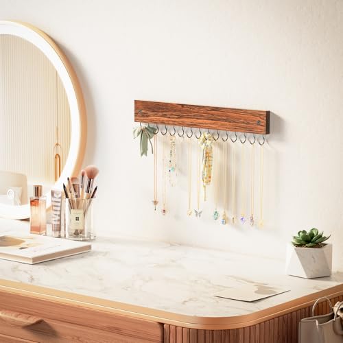 Lolalet Wooden Necklace Holder for Wall with 15 Hooks, Necklaces Hanger Easy Install Wall Mount Necklace Organizer, Jewelry Hangers for Chains, Bracelets, Earrings -Brown - color: Brown