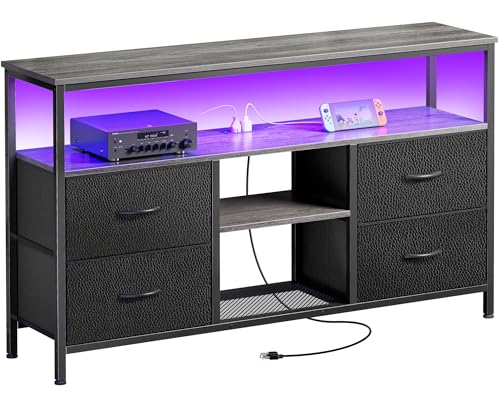 Huuger 47 Inch TV Stand Dresser with Power Outlets and LED Lights | Entertainment Center with 4 Drawers, PU Finish, Grey and Black, Dresser for 55 50 Inch TV, Open Shelf, Media Console - color: Grey and Black, size: 47.2 Inches