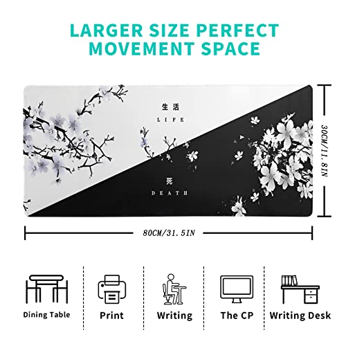 Black and White Japanese Cherry Blossom Gaming Mouse Pad Sakura Death Life Flower Mat 31.5x11.8 Inch Texture Non-Slip Rubber Base Mousepad Stitched Edges Keyboard Desk Pad for Office Home Game - color: Black and White Cherry Blossom