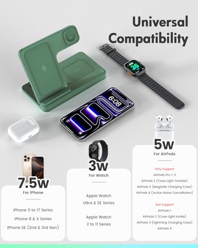 Wireless Charger Stand Charging Station: 3 in 1 Charger Multiple Devices for Apple iPhone 17 16e 16 15 14 Pro Max 13 12 11 for Watch 11 10 9 8 7 6 5 4 3 2 SE and Ultra & Airpods Series, Dark Green - color: Dark Green