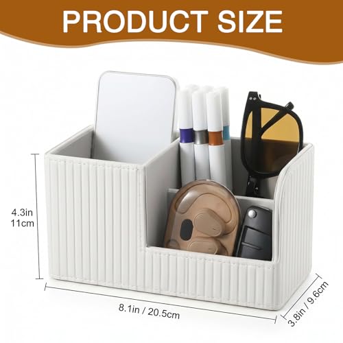Desk Pen Organizer, PU Leather Desk Organizer with White Stripe, Small Desks Organizers for Office Supplies, Pen Holder for Desks, Pencil Holder, Night Stand Organizers, 8.26"L x 3.93"W x 4.3"H