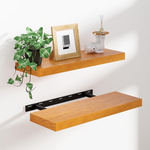 Heimlove Pine Wood Floating Shelves, 8 Inch Deep Real Wood Shelves Set of 2, Wall Mounted Rustic Wood 24x8 Floating Shelf with Invisible Brackets for Bedroom Kitchen Living Room - Honey Oak - color: Honey Oak, size: 24”Wx8”Dx1.6”H