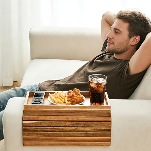 LOVYANXUE Acacia Wood Sofa Arm Tray, Foldable Couch Armrest Table with Anti-Slip Pad, Couch Arm Tray & Cup Holder for Drinks, Coffee, Snacks, Phone, Remote Control - color: Acacia Wood, size: Large (without Phone Holder)