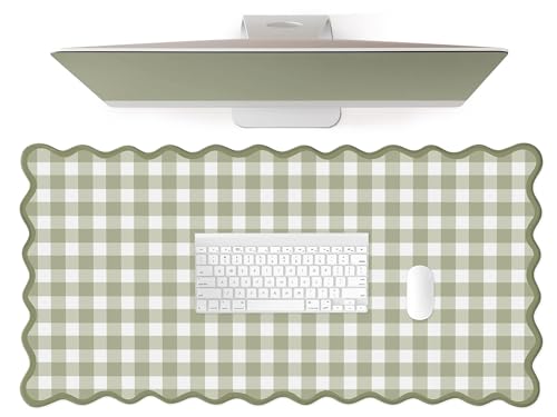 Scalloped‌ Green Checkered Desk Mat Cute Pastel Large Gaming Mouse Pad Gingham Kawaii Cottagecore ‌Vintage‌ Girly Keyboard Computer Mat Aesthetic Desk Pad Accessories Office Decor for Women - color: A1-green