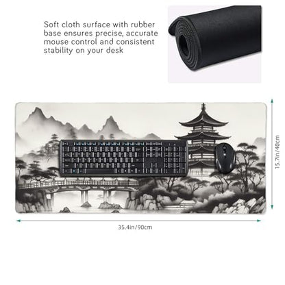 Extra Large Mouse Pad, Chinese Ink Wash Painting Design, 35.4x15.7 Inches, Gaming Keyboard Pad with Stitched Edges and Anti-Slip Rubber Base - color: tower