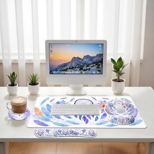 Boho Dreamcatcher Desk Mat Set Watercolor Purple Feather Floral Mouse Pad with Wrist Rest 4in1 Desk Mat for Desktop Ergonomic Computer Desk Arm Wrist Anti-Slip Computer Mouse Pad Home Office Gaming - color: Boho Dreamcatcher