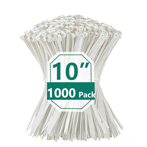 1000PCS 10 inch White Zip Ties 75LBS Tensile Strength Self-Locking heavy duty UV Resistant Cable Tie Wraps for indoor and outdoor use - color: White, size: 10inch-1000PCS
