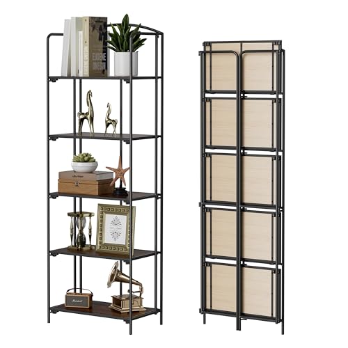 Crofy 5-Tier Foldable Bookshelf, Black Frame & Walnut Shelves | No-Assembly Collapsible Portable Storage Organizer; Sturdy Walnut Finish Shelves; Ideal for Living Room & Home Office - color: Black Frame & Walnut Shelf, size: 5 Tier