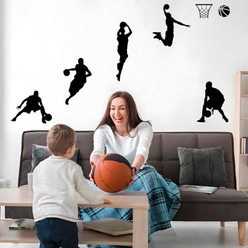 Basketball Dunk Wall Decal Stickers, 6 Man Playing Basketball Vinyl Art Wall Sticker for Bedroom Dorm Room Playroom Stadium Gym Home Decoration