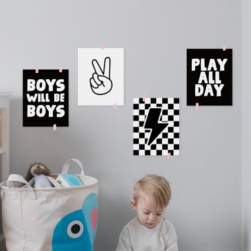 HRQKO Black Boys Room Wall Art Poster Set of 4, Positive Boys Play All Day Posters, Black Checkered Hand Prints for Playroom, 12”x16” Unframed - color: black2, size: 8x10
