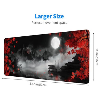 Maple Desk Mat Red Moonlit Chinese Landscape Night Mist Zen Mousepad XL Large Gaming Mouse Pad Laptop Keyboard Mat Desk Pad Great for Work-from-Home or Office Use 31.5x11.8 Inch - color: Maple