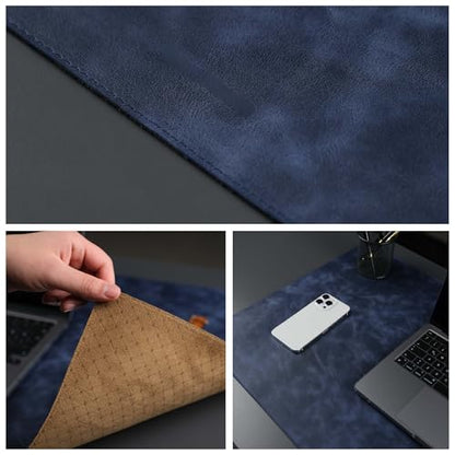 Jersey Genuine Calfskin Leather Desk Pad, Office Desk Mat with Non-Slip Bottom, Smooth Surface for Mouse & Keyboard, Desk Protector (36x19 inches) (Navy) - color: Navy
