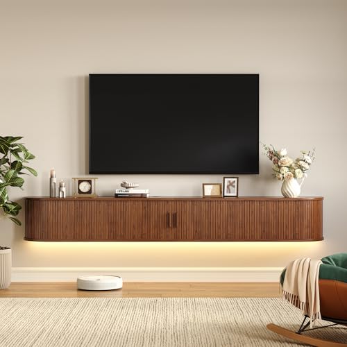 71" Floating TV Stand with Power Outlet for TVs up to 80", Fluted Entertainment Center with Remote Control for LED Lights, Mid-Century Modern TV Console w/Sliding Door for Living Room, Bedroom Walnut - color: Walnut, size: 71IN