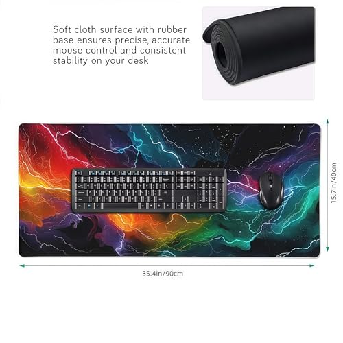 Neon Lightning Gaming Mouse Pad, Large Extended Desk Mat, 35.4 x 15.7 Inches, Non-Slip Rubber Base, HD Printed Design, for PC Gaming, Esports, Home Office - color: lightning
