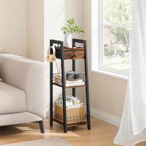 Gewudraw 3-Tier Narrow Ladder Shelf with Drawer, Bathroom Table Stand for Small Space, Narrow Bathroom Standing Shelves with Storage for Living Room Bedroom Kitchen, Organizer Shelf, Rustic Brown - color: Rustic Brown, size: 3 Tier Narrow