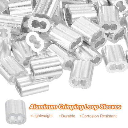 uxcell 100Pcs Aluminum Crimping Loop Sleeve for 5/64" Diameter Wire Rope, Double Ferrule Aluminum Wire Rope Sleeve for Cable Line End - size: 5/64"