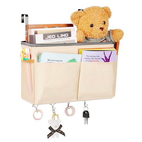Bedside Storage Organizer 5 Pockets with 4 Hooks Hanging Storage Bag for Headboards/Bunk Bed (Beige) - color: Beige