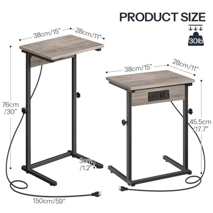 HOOBRO C-Shaped End Table with Charging Station, Adjustable Height Sofa Tray Side Table, Slide Under Couch Arm Table, Small C Side Table for Small Space in Living Room, Bedroom, Greige BG71USF01 - color: Greige + Black