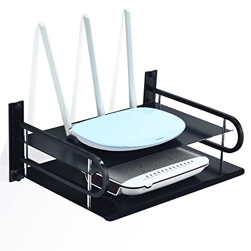 HNVNER Universal Media Shelf with Cable Holes for Entertainment 2-Tier Metal Floating Wall Shelves for Media Such as Router, Modem, Remote, Cable Boxes, Media Boxes, Projector Wall Mount, 12" x 9.8" - color: 2 Layers-large-1pcs