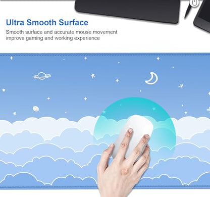 IMAYONDIA Cute Pastel Blue Desk Mat, Aesthetic Stars Moon Desk Pad, Kawaii Anime Deskmat, Gradient White Clouds Computer Pad, Minimalist Large Gaming Mouse Pad Mousepad, 31.5 X 11.8 Inch - color: Blue Gradient Clouds