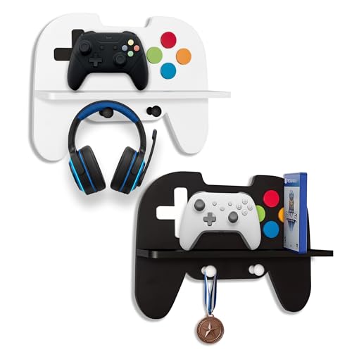 Gaming Room Decor Floating Shelves Set of 2, Controller Wall Shelf with Headphone Hooks, Gamer Wall Decor for Teen Boys Bedroom, Black & White