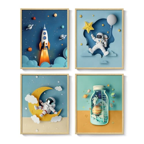 Framed Space Nursery Wall Art Set of 4, Modern Outer Space Themed Canvas Prints for Boys Bedroom, Cool Astronaut Rocket Pictures for Kids Baby Boy Room Bathroom Classroom Wall Decor, 11x14 Inch - color: 4 Pieces-Astronaut, size: 11"W x 14"H x 4Pcs