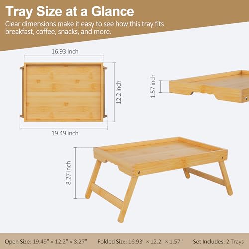 Large Breakfast Tray with Folding Legs Set of 2, 16.9" x 12.2" Bamboo Bed Tray Table with Ergonomic Wave Handles, Foldable TV Dinner Tray for Bed Couch Sofa, Breakfast, Laptop, Coffee, Natural - color: Natural, size: Large