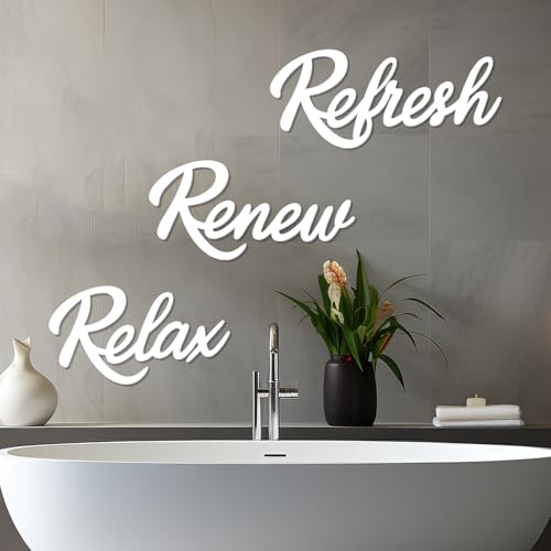 3 Pieces Bathroom Decor White Wooden Bath Room Sign Bathroom Wall Art Farmhouse Relax Renew Refresh Sign (White-large) - color: White-large