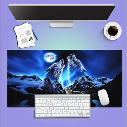 Large Gaming Mouse Pad (31.5" x 15.8") - Wolves Howling at The Moon Grey Wolf Bright Moonlight Great Snowy Mountain, Extra XXL Extended Office Accessories, Premium Stitched Anti-Slip Desk Mat - color: Blue and Black