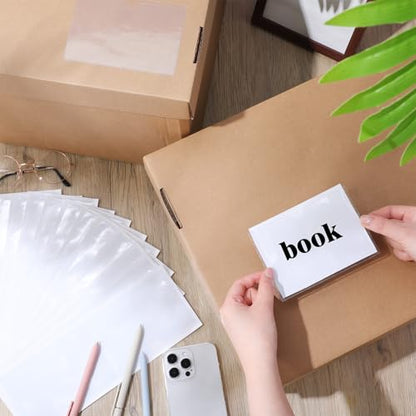 Outus 100 Pcs Index Card Pockets, 2 x 3.75, 3 x 5 Inch Clear Self Adhesive Labels Pocket for Business, Plastic Label Sleeves with Top Open for Organizing Storage Bins Library Card Shelves Scrapbooks - size: 2 x 3.75, 3 x 5 Inch