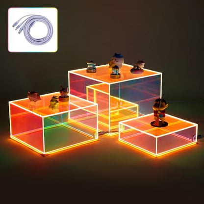 3Pcs Iridescent Acrylic Display Riser with LED light Plug and Play | Lighted Stackable Acrylic Cube Boxes Stand with Hollow Bottom for Figures Jewelry Perfume Purse Liquor Food Buffet Riser - color: Iridescent-LED light-3pcs