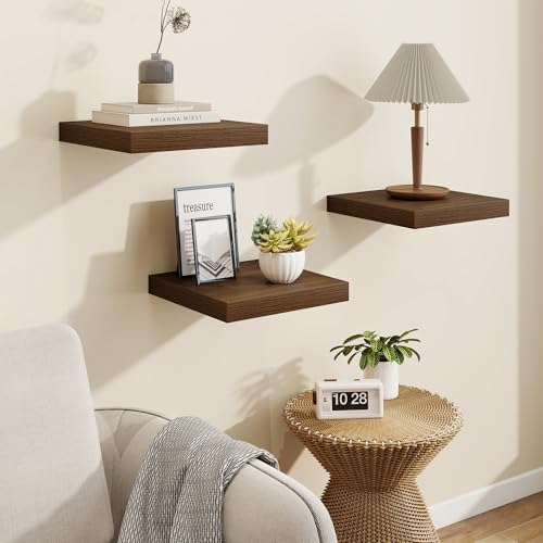 Square Floating Shelves for Wall, 9.25"W x 9.25"D x 1.25"H, 3 Pack Small Wall Mounted Engineered Wood Shelves with Invisible Brackets for Living Room, Bedroom, Bathroom, Kitchen Decor, Walnut - color: Dark Walnut With Invisible Metal Brackets, size: 9.25"
