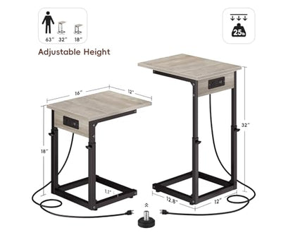 Vagusicc C Shaped End Table with Charging Station, Adjustable Height Side Table for Couch, C Table End Table Couch Table that Slide Under, Sofa Table TV Tray Arm Tables for Living Room, Bedroom, Gray - color: Greige, style: Charging Station