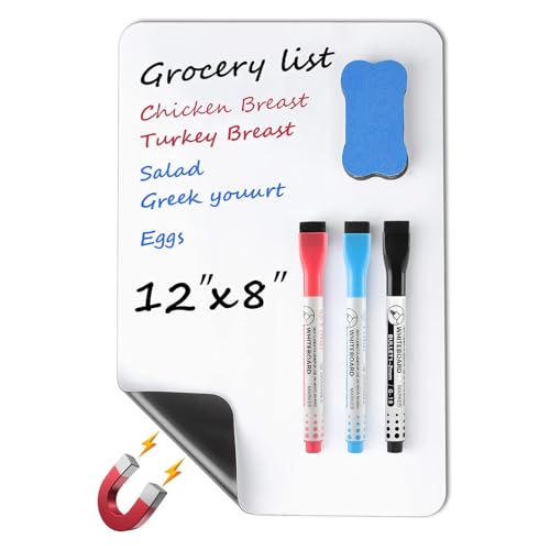 MaxGear Magnetic Dry Erase Board for Fridge, 12 x 8 Inch, Markers Included | Strong Magnetic Backing, Stain Resistant Surface, Easy to Write and Erase, Ideal For To-do Lists, Includes 3 Markers 1 Erase - color: A-white, size: 12"x8"