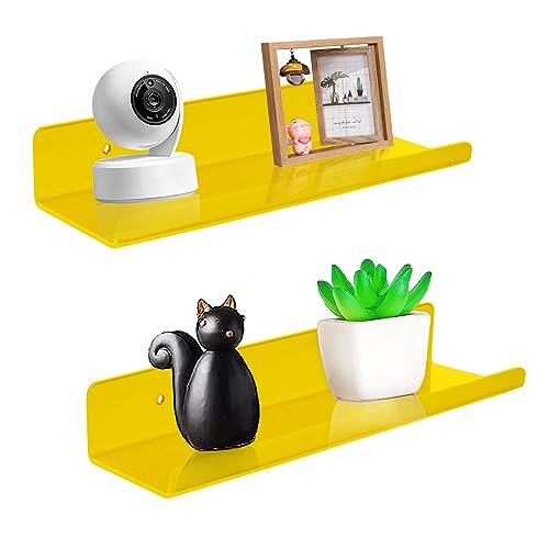 ROYALITA Small Acrylic Shelves Wall Mounted | Set of 2 | 12 Inches | Wall Hanging Plant Display Shelves, Room Decor Floating Wall Shelves for Gaming Room Bedroom, Living Room, Office, Yellow - color: Yellow, size: 12 Inch