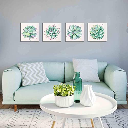 Succulent Wall Decor for Bathroom Mint Green Cactus Wall Art for Living Room Kitchen Accessories Nature Plant Wall Decor Tropical Botanical Leaf Canvas Pictures Bedroom Home Decorations 12x12" 4 Pcs - color: Green Succulent Plants, size: 12x12in