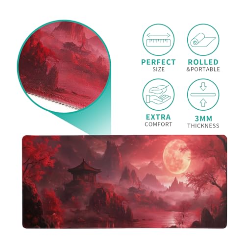 Red Landscape Mouse Pad 31.5x11.8 Inch Red Full Desk Japanese Mousepad Extended Large Non-Slip Rubber Base Waterproof Big Keyboard Mat with Stitched Edges for Gaming and Office - color: Red Landscape