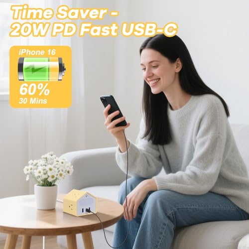 Handy Power Strip with Night Light - Yolk-Yellow Power StripOverload Protection Plug- 20W USB C Charging Station - 4 Outlets + 3 USB Ports for Desk, Nightstand, Couch, Makeup, Electronic Accessories - color: Yolk-Yellow