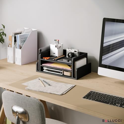 Ballucci 3-Tier Desk Organizer with 2 Side Mail Sorter Slots, Wood Letter Tray, Open Top Paper Organizer, Desktop File Organizer, Black - color: Black