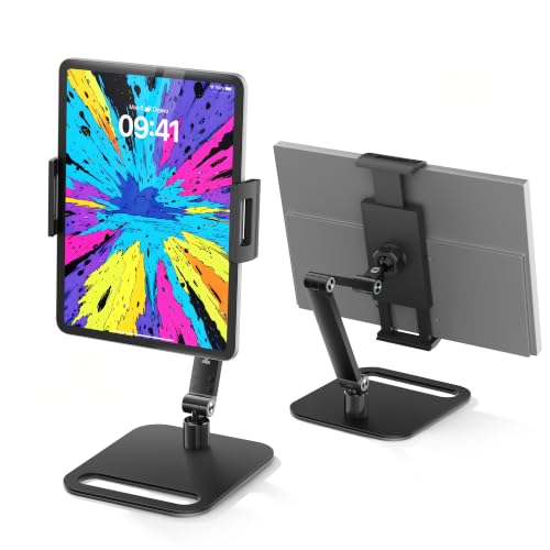 Portable Monitor Stand for 15.6'',17.3'', Tablet Stand Holder for iPad | Aluminum Alloy Foldable Arm Mount with 360° Swivel, Desk Holder Compatible with 4.7-17.3inch Tablet iPad Pro - color: Black