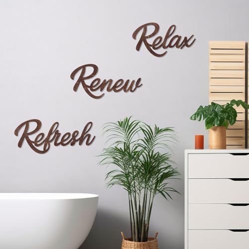 3 Pieces Bathroom Decor Wooden Bathroom Sign,Relax Renew Refresh Sign (Brown) - color: Brown
