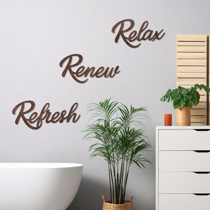 3 Pieces Bathroom Decor Wooden Bathroom Sign,Relax Renew Refresh Sign (Brown) - color: Brown