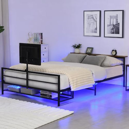 Anwick Full Gaming Bed with TV Lift and LED Lights, Metal Bed Frame with TV Mount for 13-42 Inch TVs, Twin Bed with Storage and Ventilated Console Rack (Full)
