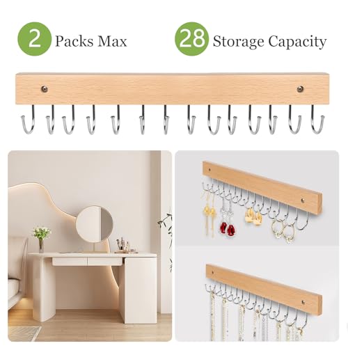 Necklace Holder Wall Mounted Jewelry Organizer - 2 Pack Wooden with 28 Rotating 180° Hooks for Hanging Earring & Ring Bracelet Storage, Decorative Space-Saving Jewelry Display (Natural) - color: Natural