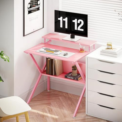 ODK Small Desk, 27.5 Inch Computer Desk for Small Spaces, Study Desk with Storage & Monitor Stand, Pink - color: Pink