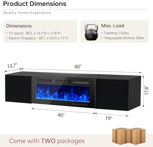 80'' Floating TV Stand with 40" Electric Fireplace, Wall Mounted Entertainment Center with Storage for TVs up to 90", Adjustable 12-Color LED Lights Media TV Console for Living Room - color: All Black, size: 80 IN