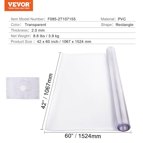 VEVOR Plastic Table Cover, 42 x 60 Inch 2.0 mm Thick Clear PVC Desk Mat Protector, Waterproof & Easy Cleaning Desk Pad Tablecloth, for Office, Dresser, Dining Room, Night Stand - size: 60" x 42" (Rectangle)