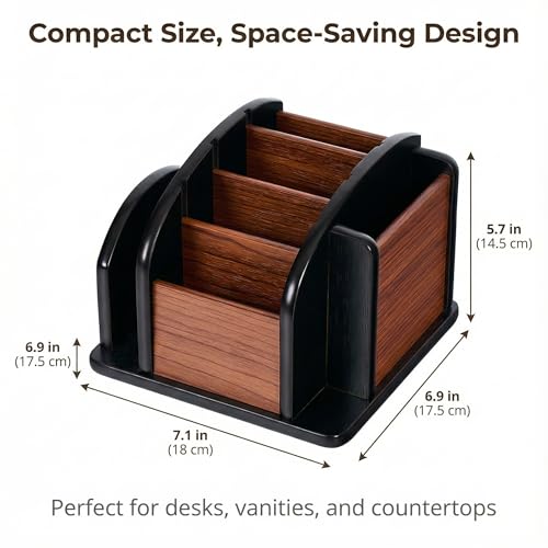 Wooden Desk Organizer with 6 Compartments, Remote Control Holder, Office Storage Caddy, Black and Brown Desk Organizer for Office Supplies